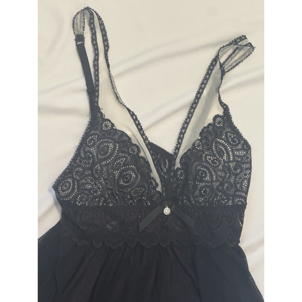 Seductivewear Cinema Etoile Black Lace Babydoll Chemise Sheer Mesh‎ Slip Bow M - Picture 2 of 4